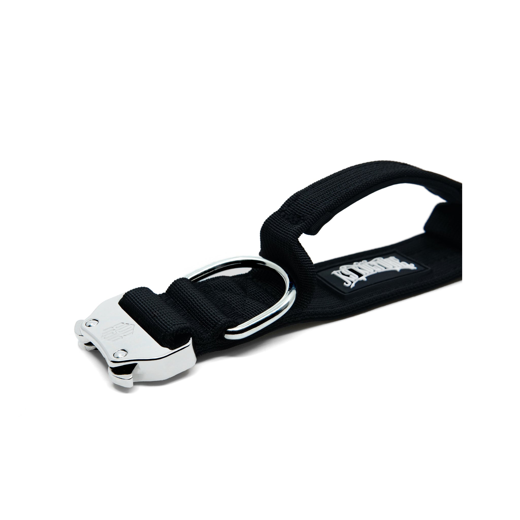 K9-TAC Onyx Black dog collar laid flat, showing metal buckle, D-ring, and padded handle loop.
