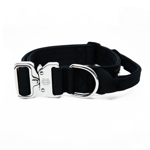 K9-TAC Onyx Black heavy-duty dog collar with secure metal buckle, wide black webbing, and strong D-ring.