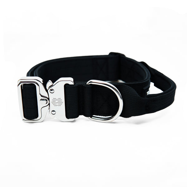 K9-TAC Onyx Black heavy-duty dog collar with secure metal buckle, wide black webbing, and strong D-ring.