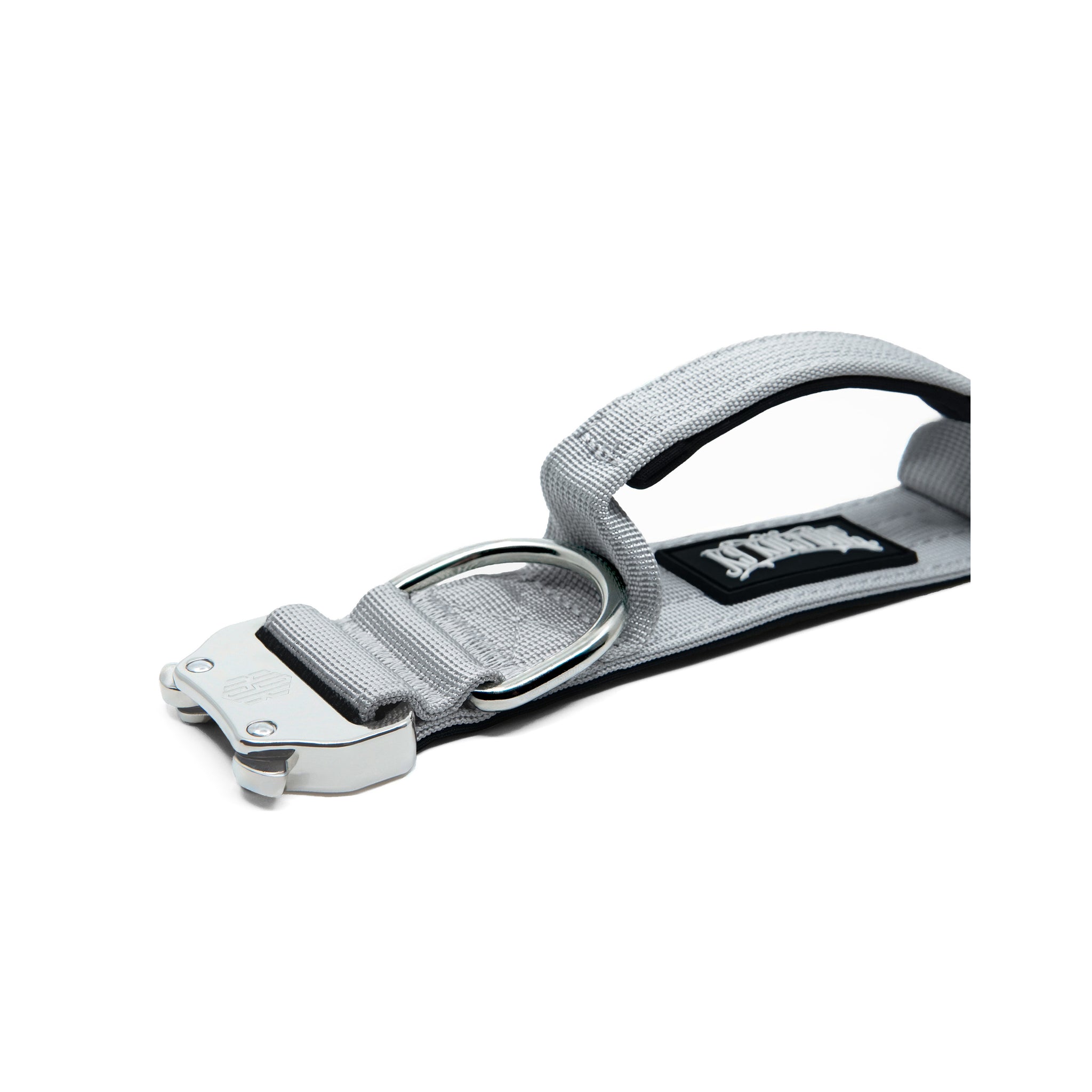 K9-TAC Storm Grey dog collar laid flat, showing metal buckle, D-ring, and padded handle loop.