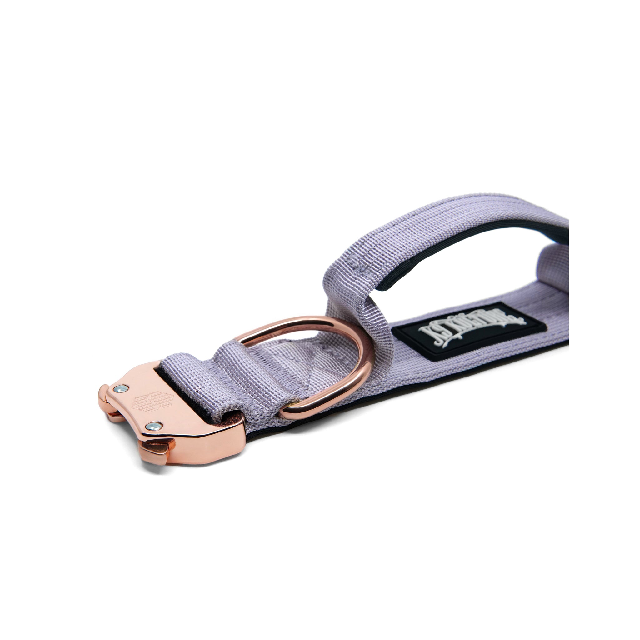K9-TAC Violet Purple dog collar laid flat, showing metal buckle, D-ring, and padded handle loop.