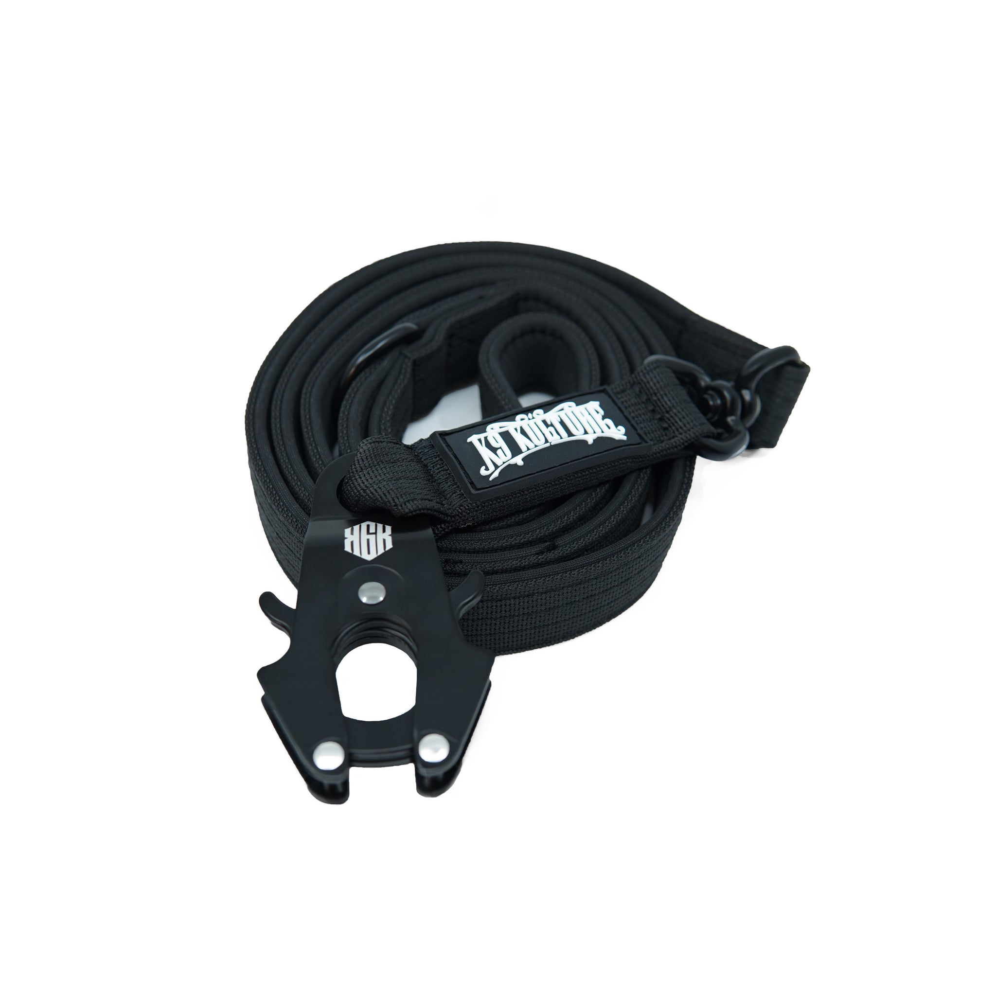 K9-TAC Lead – Onyx Black, heavy-duty dog leash with rated frog clasp clip, double-stitched nylon webbing, and D-ring attachment loop.