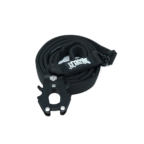 K9-TAC Lead – Onyx Black, heavy-duty dog leash with rated frog clasp clip, double-stitched nylon webbing, and D-ring attachment loop.