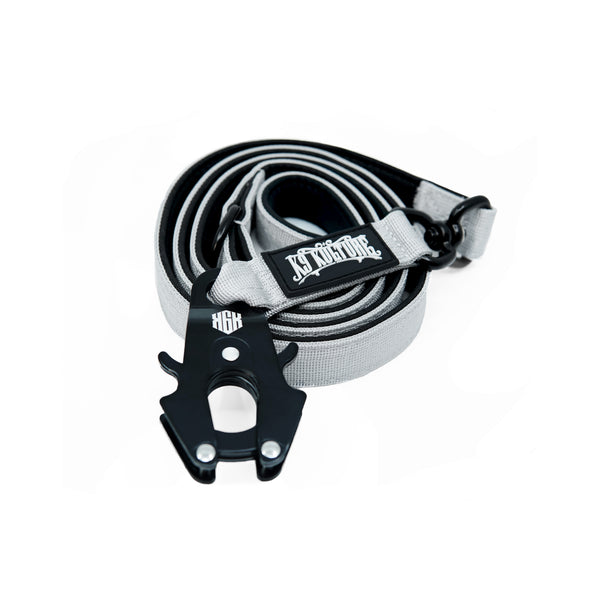 K9-TAC Lead – Storm Grey, heavy-duty dog leash with rated frog clasp clip, double-stitched nylon webbing, and D-ring attachment loop.
