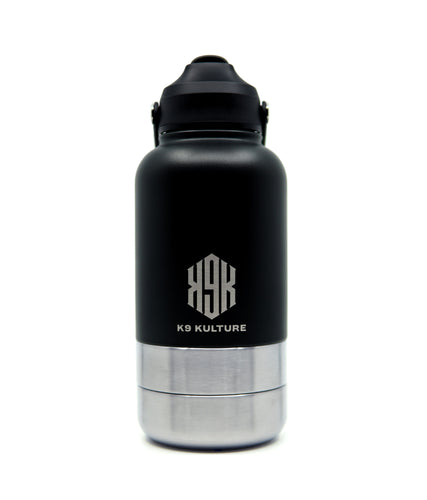 ThermoACTIVE Bottle – Black, 2-in-1 insulated dog water bottle with dual compartments and sip lid.