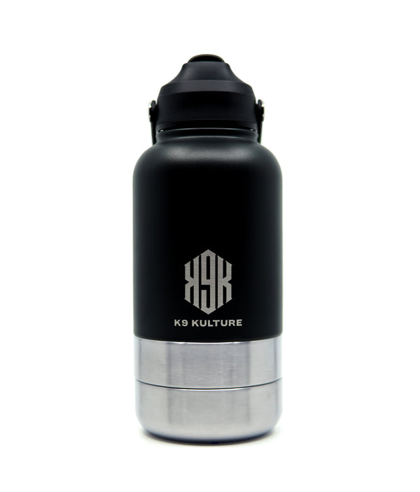 ThermoACTIVE Bottle – Black, 2-in-1 insulated dog water bottle with dual compartments and sip lid.