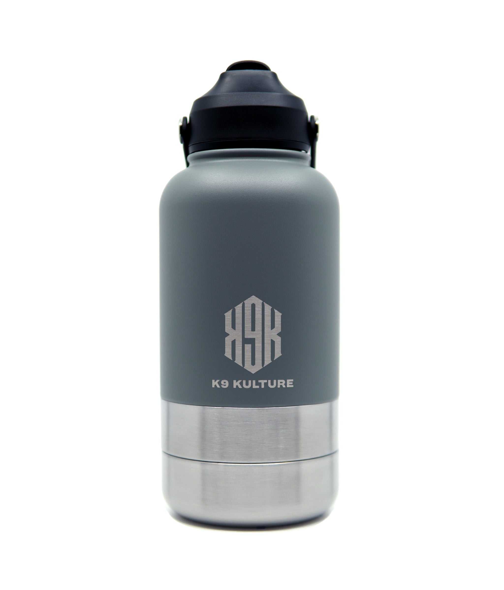 ThermoACTIVE Bottle – Grey, 2-in-1 insulated dog water bottle with dual compartments and sip lid.