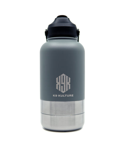 ThermoACTIVE Bottle – Grey, 2-in-1 insulated dog water bottle with dual compartments and sip lid.