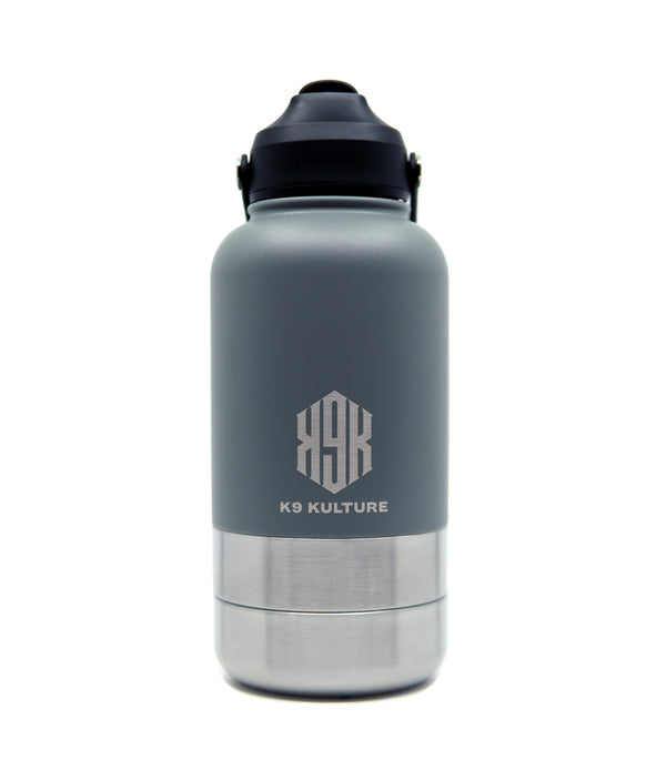 ThermoACTIVE Bottle – Grey, 2-in-1 insulated dog water bottle with dual compartments and sip lid.