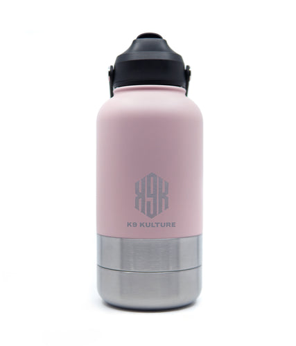 ThermoACTIVE Bottle – Pink, 2-in-1 insulated dog water bottle with dual compartments and sip lid.