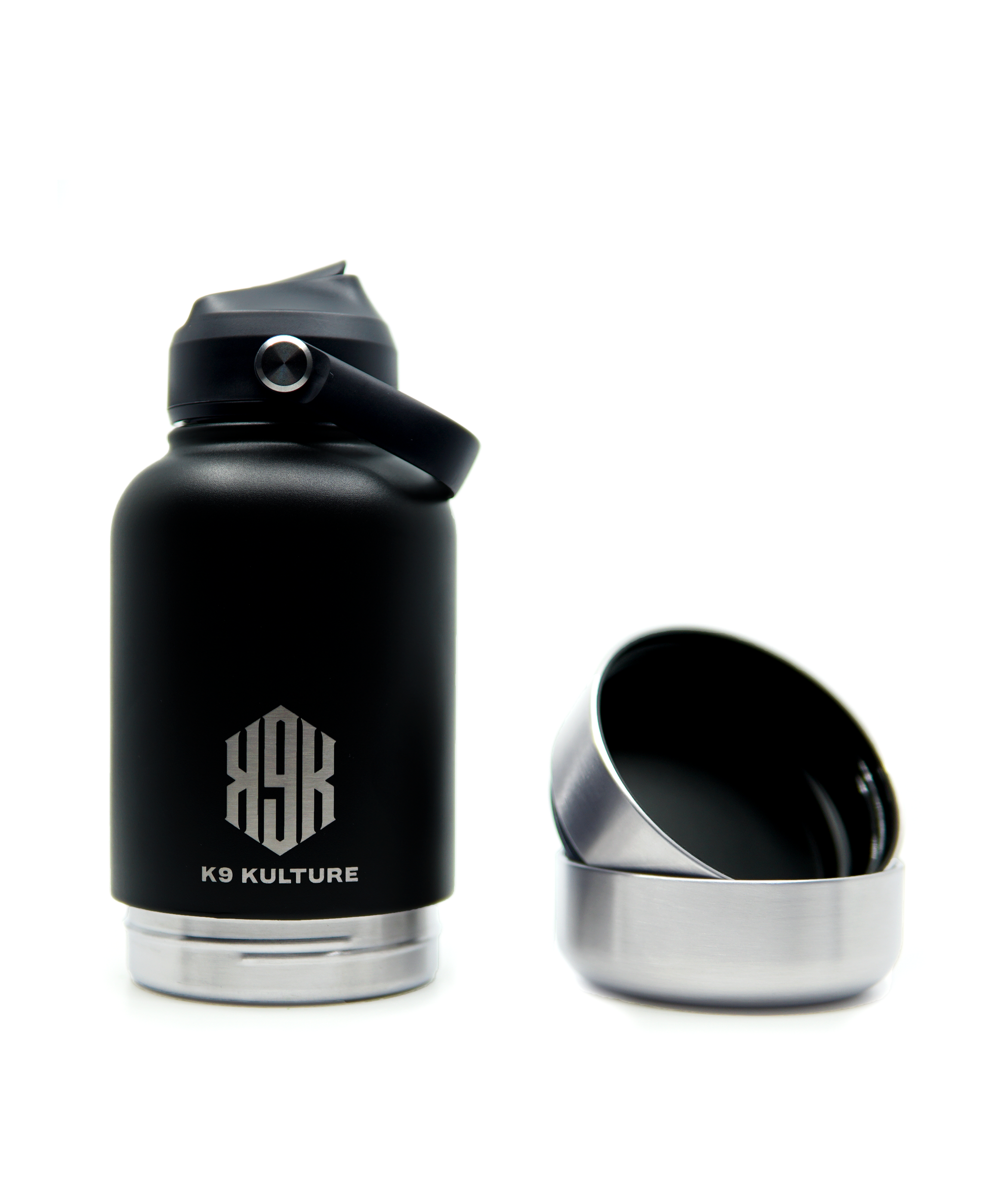 ThermoACTIVE Bottle – Black, insulated stainless steel dog water bottle with sip lid and separated dual compartments for treat and water storage.