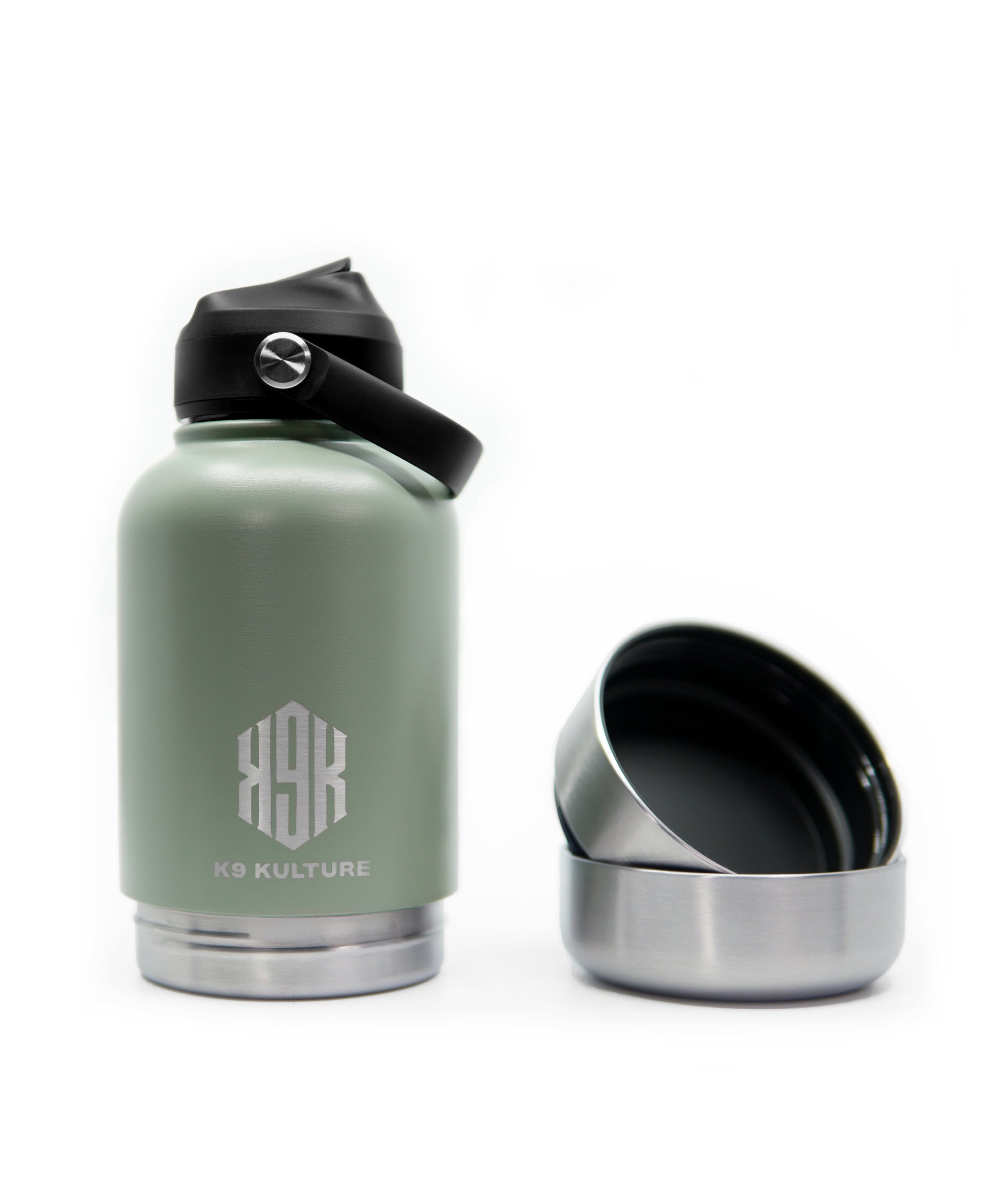 ThermoACTIVE Bottle – Green, insulated stainless steel dog water bottle with sip lid and separated dual compartments for treat and water storage.