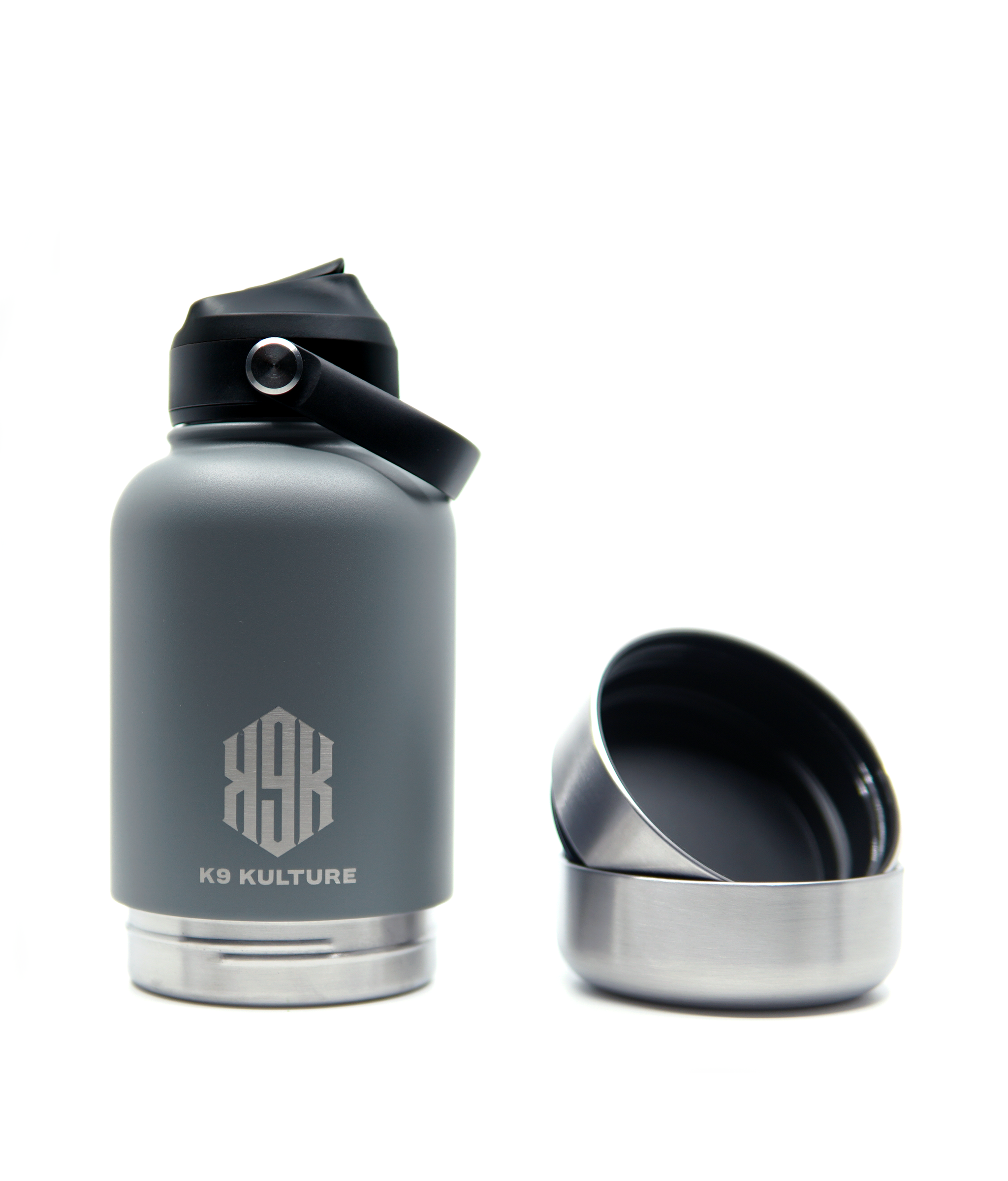 ThermoACTIVE Bottle – Grey, insulated stainless steel dog water bottle with sip lid and separated dual compartments for treat and water storage.