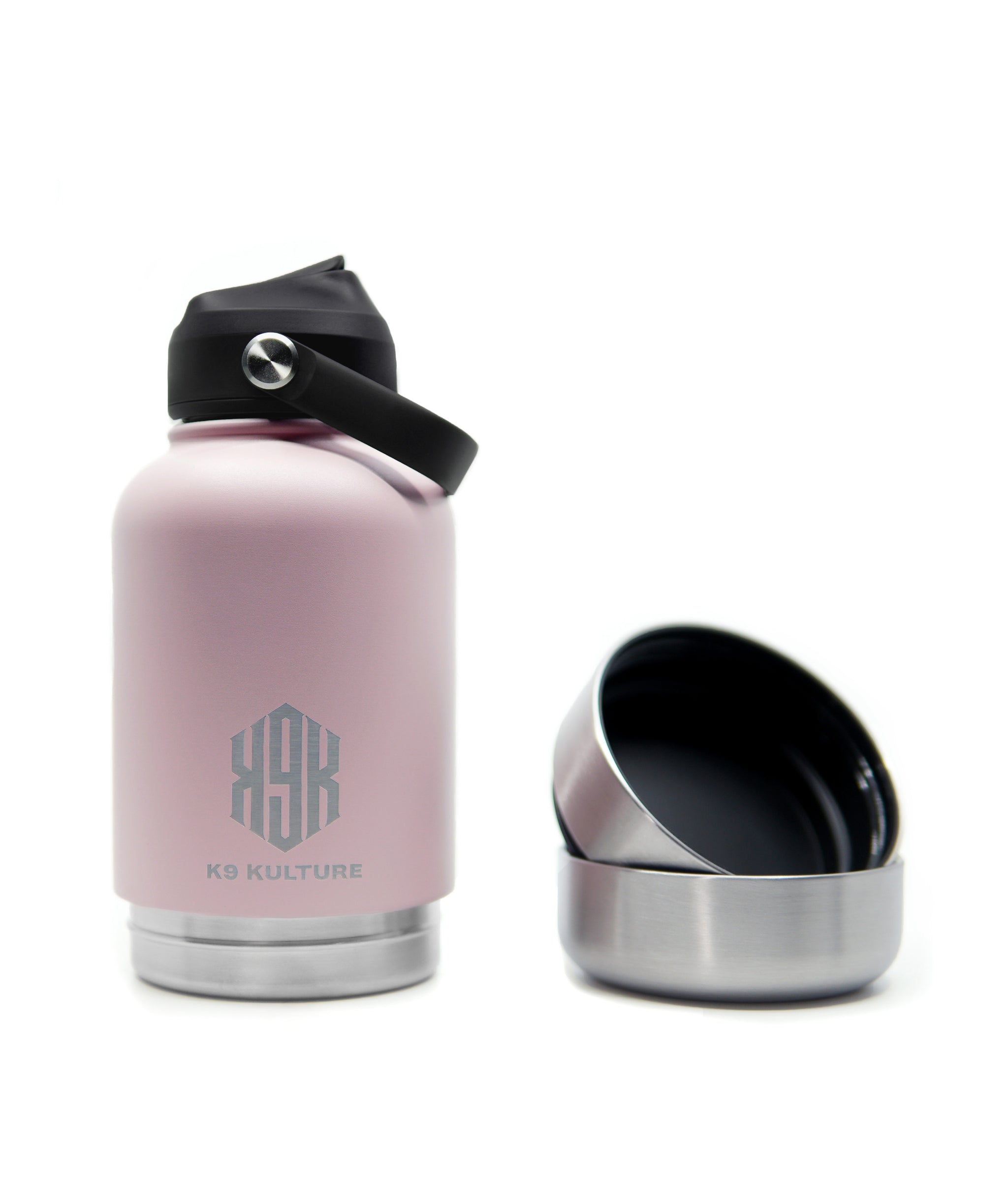ThermoACTIVE Bottle – Pink, insulated stainless steel dog water bottle with sip lid and separated dual compartments for treat and water storage.