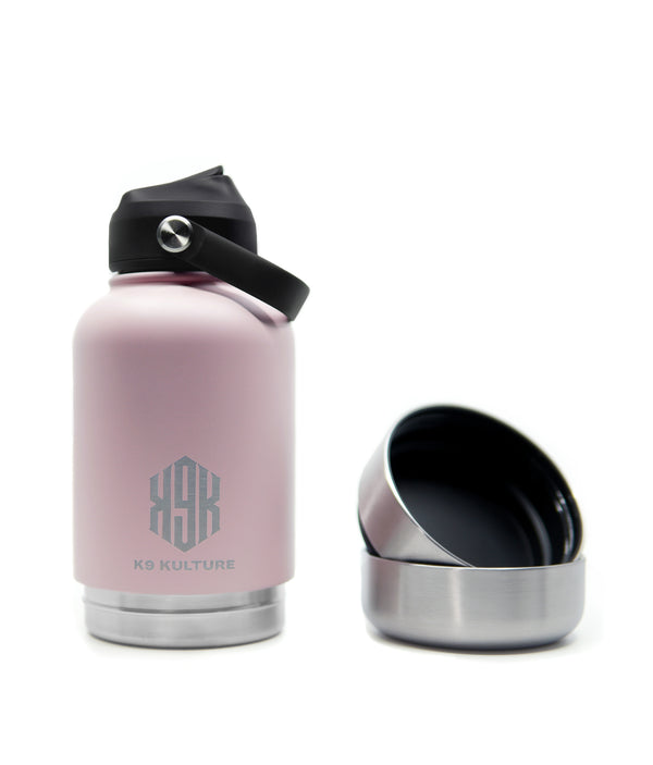 ThermoACTIVE Bottle – Pink, insulated stainless steel dog water bottle with sip lid and separated dual compartments for treat and water storage.